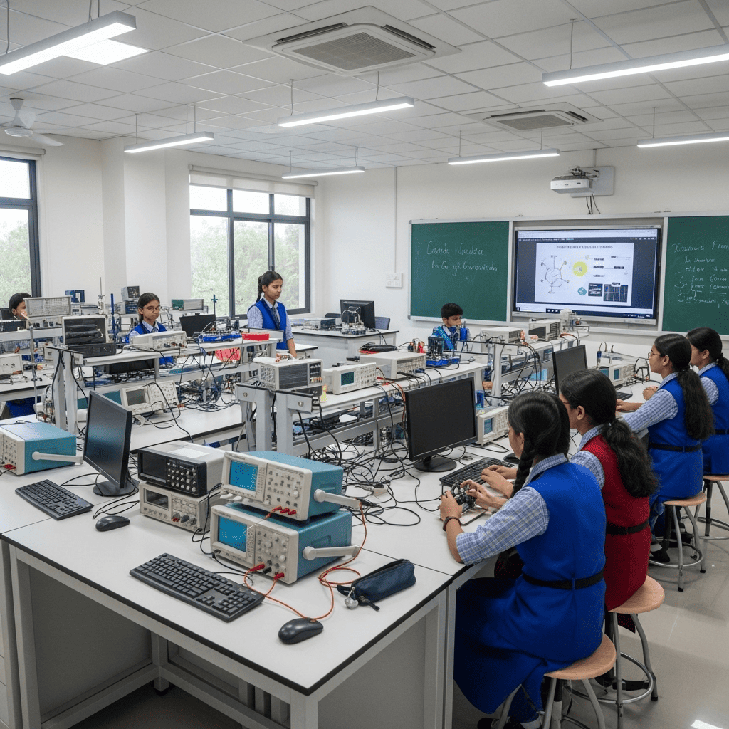 A modern, well-equipped STEM lab with electronics and tools